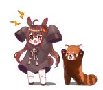  1girl :d absurdly_long_hair ahoge animal_ears arms_up bangs black_footwear black_shirt blush brown_hair bunny_ears bunny_tail chibi chinese_clothes commentary_request eyebrows_visible_through_hair full_body genshin_impact hair_between_eyes hu_tao_(genshin_impact) kemonomimi_mode kneehighs long_hair long_sleeves looking_at_viewer miyako_draw open_mouth oversized_clothes oversized_shirt red_eyes red_panda shirt sidelocks simple_background sleeves_past_wrists smile symbol-shaped_pupils tail twintails very_long_hair white_background white_legwear younger 
