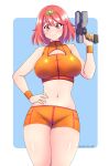  1girl absurdres bangs breasts cosplay gun highres holding holding_gun holding_weapon jarckius large_breasts metroid pyra_(xenoblade) red_eyes red_hair samus_aran samus_aran_(cosplay) short_hair short_shorts shorts solo super_smash_bros. swept_bangs thick_thighs thighs weapon xenoblade_chronicles_(series) xenoblade_chronicles_2 zero_suit 