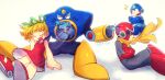  1girl 3boys :d air_man arm_cannon brown_eyes cape closed_eyes crossed_arms crossed_legs dress helmet mega_man_(character) mega_man_(series) mega_man_2 multiple_boys open_mouth poroi_(poro586) proto_man red_dress robot roll_(mega_man) simple_background sitting smile standing sunglasses weapon white_background wind yellow_cape 