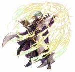  1boy armor asymmetrical_clothes bangs book boots byleth_(fire_emblem) byleth_(fire_emblem)_(male) cape collar collared_shirt dagger dynamic_pose fire_emblem fire_emblem:_three_houses fire_emblem_heroes full_body gloves green_eyes green_hair hagiya_kaoru hair_ornament holding holding_book knife long_sleeves magic nintendo official_art sheath sheathed shirt short_hair solo weapon 