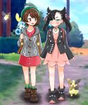  2girls absurdres aqua_eyes asymmetrical_bangs bangs black_hair blush boots brown_eyes brown_hair bush day dress eye_contact gen_8_pokemon gloria_(pokemon) grass hair_ribbon hat highres holding_hands jacket kurosawa_karura long_hair looking_at_another marnie_(pokemon) morpeko morpeko_(full) multiple_girls open_mouth outdoors pokemon ribbon short_hair sky smile sobble tam_o&#039;_shanter undercut upper_teeth walking yuri 