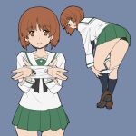  1girl :o bangs bent_over black_legwear black_neckwear blouse brown_eyes brown_footwear brown_hair closed_mouth commentary eyebrows_visible_through_hair girls_und_panzer green_skirt highres holding holding_clothes holding_panties holding_underwear loafers long_sleeves looking_at_viewer looking_back miniskirt multiple_views neckerchief nishizumi_miho onsen_tamago_(hs_egg) ooarai_school_uniform open_mouth panties panty_pull pleated_skirt presenting_panties pulled_by_self sailor_collar school_uniform serafuku shoes short_hair simple_background skirt smile socks standing underwear white_blouse white_panties white_sailor_collar 