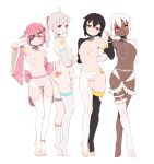  4girls absurdres ahoge android anklet arrow_(symbol) ass asymmetrical_legwear belt black_hair bored bow breasts candy choker clitoris closed_mouth clothing_cutout collarbone commentary_request crossed_legs dark-skinned_female dark_skin detached_sleeves eyebrows_visible_through_hair eyepatch food frilled_legwear full_body green_eyes grin groin hair_ornament hair_scrunchie hand_on_another&#039;s_waist hand_on_own_face heart heart-shaped_pupils heart_eyepatch highres jewelry jitome joints leash legs lollipop long_hair looking_at_viewer multiple_girls nail_polish navel navel_piercing nipple_piercing nipples nude one_eye_covered open_mouth orange_eyes original piercing pink_eyes pink_hair pink_nails pink_sleeves ponytail pussy robot_joints scrunchie short_hair silver_hair simple_background single_thighhigh skindentation small_breasts smile star-kiss star_(symbol) stirrup_legwear symbol-shaped_pupils tattoo thigh_cutout thigh_strap thighhighs tiptoes toeless_legwear toenail_polish toes tongue tongue_out tongue_piercing two_side_up uncensored white_background white_bow white_hair white_legwear yellow_nails yuri 