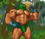  1boy abs axe bara bare_pectorals briefs bulge cape chest_harness dark-skinned_male dark_skin dragon_quest feet_out_of_frame forest green_cape green_male_underwear harness highres holding holding_axe hood kandar large_pectorals looking_at_viewer male_focus male_underwear muscular muscular_male nature navel navel_hair nipples over_shoulder pectoral_press pectorals revealing_clothes ruisselait solo standing stomach thick_thighs thighs underwear veiny_arms weapon weapon_over_shoulder 