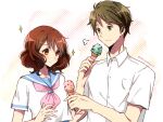  1boy 1girl artist_name bangs blue_sailor_collar blush brown_eyes brown_hair closed_mouth collared_shirt food green_eyes hand_up hibike!_euphonium holding holding_food ice_cream ice_cream_cone kitauji_high_school_uniform medium_hair neckerchief oumae_kumiko pink_neckwear sae_(renkyuuake) sailor_collar school_uniform serafuku shirt short_hair short_sleeves smile star_(symbol) tsukamoto_shuuichi white_background white_shirt 