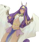  1girl bangs bare_legs belt bracelet dark-skinned_female dark_skin fate/grand_order fate_(series) hairband highres holding holding_towel jewelry long_hair looking_at_viewer necklace nitocris_(fate) pointy_ears purple_eyes simple_background smile solo stomach towel tuze111 twintails underwear white_background 