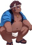  1boy absurdres alternate_costume ass_visible_through_thighs bara belly blush brown_hair bulge character_request dark-skinned_male dark_skin demon_horns fundoshi hachimaki happi headband highres horns japanese_clothes long_sideburns looking_to_the_side male_cleavage male_focus muscular muscular_male navel pectorals plump sandals short_hair sideburns smile solo squatting stomach tokyo_houkago_summoners tt_(ptcmtr) white_background white_male_underwear 
