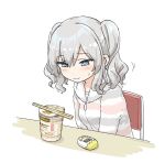  1girl :&gt; aka_ringo alternate_costume chair chopsticks commentary_request countdown_timer cup_ramen grey_eyes hood hooded_sweater hoodie kantai_collection kashima_(kancolle) sidelocks silver_hair simple_background solo striped striped_sweater sweater table timer twintails upper_body v_arms waiting wavy_hair white_background 
