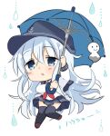  1girl anchor_symbol black_legwear black_sailor_collar black_skirt blue_eyes blue_umbrella chibi flat_cap full_body hat hibiki_(kancolle) hizuki_yayoi horosho kantai_collection long_hair neckerchief pleated_skirt rain red_neckwear sailor_collar school_uniform serafuku silver_hair simple_background skirt solo teruterubouzu thighhighs umbrella white_background 