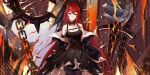  1girl absurdres arknights chain collar demon demon_horns demon_tail dress highres holding holding_weapon horns jacket looking_at_viewer min_(120716) purple_eyes red_hair spiked_collar spikes surtr_(arknights) sword tail thighhighs weapon 