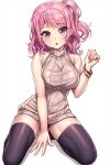  1girl bang_dream! bangs bare_arms bare_shoulders beige_sweater between_legs black_legwear black_panties blush bracelet breasts chestnut_mouth dress eyebrows_visible_through_hair hand_between_legs hand_up jewelry kneeling lambda_(kusowarota) looking_at_viewer maruyama_aya medium_breasts medium_hair one_side_up panties pantyshot parted_lips pink_eyes pink_hair ribbed_sweater shadow sidelocks simple_background sleeveless sleeveless_sweater sleeveless_turtleneck solo sweater sweater_dress thighhighs turtleneck turtleneck_sweater underwear white_background 