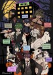  6+boys amami_rantarou animal_ears apron black_hair checkered checkered_scarf closed_eyes cocktail_glass cup danganronpa_(series) danganronpa_v3:_killing_harmony drinking_glass ghost gokuhara_gonta green_hair halloween halloween_costume highres hoshi_ryouma keebo long_hair male_focus momota_kaito monokuma moon multiple_boys necktie ouma_kokichi overine19 pumpkin purple_hair saihara_shuuichi scarf shinguuji_korekiyo short_hair suitcase tree_branch white_hair 