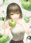  1girl absurdres apple bangs bare_shoulders brown_hair condensation crystalherb eyebrows_visible_through_hair food fruit green_apple green_eyes hair_between_eyes highres holding holding_food holding_fruit long_hair looking_at_viewer open_mouth original sleeveless smile solo symbol_commentary water 