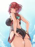  absurdres bangs black_swimsuit competition_swimsuit covered_collarbone earrings headpiece highres jewelry kurokaze_no_sora one-piece_swimsuit pyra_(pro_swimmer)_(xenoblade) pyra_(xenoblade) red_eyes red_hair red_swimsuit short_hair strapless strapless_swimsuit swept_bangs swimsuit tiara two-tone_swimsuit xenoblade_chronicles_(series) xenoblade_chronicles_2 