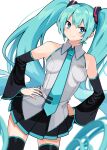 1girl :s annoyed bangs bare_shoulders black_legwear black_skirt blue_eyes blue_hair blue_neckwear blurry blurry_foreground closed_mouth collared_shirt commentary cowboy_shot detached_sleeves dutch_angle eyebrows_visible_through_hair grey_shirt hands_on_hips hatsune_miku highres kotomuke_fuurin long_hair looking_at_viewer necktie pleated_skirt shirt simple_background skirt sleeveless sleeveless_shirt solo thighhighs twintails v-shaped_eyebrows very_long_hair vocaloid white_background zettai_ryouiki 