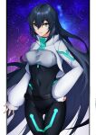  1girl absurdres bangs black_bodysuit bodysuit breasts clenched_hand covered_navel eyebrows_visible_through_hair green_eyes gundam gundam_build_divers gundam_build_divers_re:rise hair_between_eyes highres kurosaki_saya long_hair may_(gundam_build_divers_re:rise) medium_breasts open_hand shrug_(clothing) sleeves_past_wrists smile solo space thigh_gap very_long_hair 