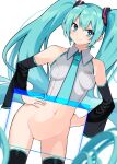  1girl :s annoyed bangs bare_shoulders black_legwear blue_eyes blue_hair blue_neckwear blurry blurry_foreground closed_mouth collared_shirt commentary cowboy_shot detached_sleeves dutch_angle eyebrows_visible_through_hair grey_shirt hands_on_hips hatsune_miku highres kotomuke_fuurin long_hair looking_at_viewer navel necktie pussy shirt simple_background skirt sleeveless sleeveless_shirt solo thighhighs twintails v-shaped_eyebrows very_long_hair vocaloid white_background x-ray 