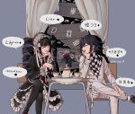  black_hair celestia_ludenberg chair checkered checkered_scarf chinese_text cup curtains danganronpa:_trigger_happy_havoc danganronpa_(series) danganronpa_v3:_killing_harmony drill_hair english_text flower gothic_lolita korean_text lolita_fashion long_hair necktie ouma_kokichi overine19 pantyhose red_footwear red_neckwear rose scarf short_hair straitjacket table teacup teapot twin_drills 