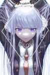  1girl arms_up bangs black_jacket blunt_bangs breasts chain closed_mouth collared_shirt cuffs danganronpa:_trigger_happy_havoc danganronpa_(series) eyebrows_visible_through_hair gloves hair_ornament handcuffs highres jacket kirigiri_kyouko long_hair long_sleeves looking_at_viewer necktie purple_eyes purple_hair ribbon shirt soba_kichi_(sobagoma) solo upper_body 