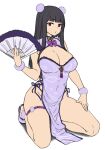  1girl bangs black_hair blunt_bangs breasts cleavage_cutout clothing_cutout covered_navel dress eyebrows_visible_through_hair fan folding_fan highres holding holding_fan houtengeki large_breasts long_hair looking_at_viewer original pelvic_curtain purple_eyes purple_nails side_slit sidelocks simple_background sitting solo white_background 