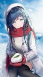  1girl bangs beret black_legwear blurry blurry_background blush breasts gloves green_eyes green_hair hat highres jacket kottungyang large_breasts long_hair long_sleeves looking_at_viewer open_clothes open_jacket original parted_lips red_gloves red_scarf scarf smile snow snowflakes snowing solo squatting sweater symbol-only_commentary thighhighs white_headwear white_sweater 