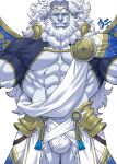  1boy abs bara beard blue_sclera bulge colored_sclera cowboy_shot facial_hair fate/grand_order fate_(series) greek_clothes hair_intakes highres kirupi large_pectorals long_hair looking_at_viewer male_cleavage male_focus mature_male muscular muscular_male old old_man outstretched_arms pale_skin pectorals sash shrug_(clothing) smirk solo spread_arms stomach thick_thighs thighs veins veiny_arms very_long_hair white_hair zeus_(fate) 