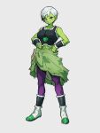  1girl breasts cheelai colored_skin dragon_ball dragon_ball_super dragon_ball_super_broly full_body green_skin grey_background hands_on_hips kemachiku looking_at_viewer medium_breasts midriff navel purple_eyes short_hair simple_background solo standing white_hair 