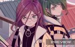  2girls alternate_hair_color bangs black_sweater brown_jacket danganronpa_(series) danganronpa_another_episode:_ultra_despair_girls earrings english_text eyebrows_visible_through_hair fukawa_touko green_eyes green_hair grey_eyes hair_ornament hairclip jacket jewelry long_hair looking_at_viewer multiple_girls naegi_komaru o-ring open_clothes open_jacket overine19 pink_hair round_eyewear sweater upper_body 