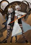  2girls absurdres animal_ears arknights beeswax_(arknights) carnelian_(arknights) chinese_commentary closed_eyes dark_skin eaersl goat_ears goat_girl goat_horns highres horns huge_filesize jacket long_sleeves multiple_girls red_eyes siblings sisters sword thigh_strap weapon 