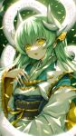  1girl bangs blurry commentary_request eyebrows_visible_through_hair fate/grand_order fate_(series) green_hair hand_on_own_chest highres horns japanese_clothes kimono kiyohime_(fate) long_hair looking_at_viewer morizono_shiki nail_polish obi open_mouth sash smile solo upper_body wide_sleeves yellow_eyes 