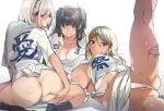  3girls ass ass_grab back black_hair blonde_hair blue_eyes blush breasts cleavage dark_skin fundoshi idolmaster idolmaster_shiny_colors izumi_mei japanese_clothes kneehighs large_breasts loose_clothes lying mayuzumi_fuyuko midriff multiple_girls navel on_side seiza serizawa_asahi silver_hair sitting spread_legs straylight_(idolmaster) taira_tsukune yamakasa 