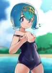  1girl absurdres blue_eyes blue_hair breasts bright_pupils closed_mouth clothes_pull cloud commentary_request covered_navel cowboy_shot day flying_sweatdrops freckles highres lana_(pokemon) looking_at_viewer metaruuni_(0000u7) nipples one-piece_swimsuit outdoors pokemon pokemon_(game) pokemon_sm pulled_by_self school_swimsuit shiny shiny_skin short_hair sky solo strap_slip swimsuit swimsuit_pull water white_pupils 