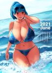  1girl absurdres bare_shoulders bikini blue_bikini blue_hair breasts calendar_(medium) cleavage curvy erkaz eyewear_on_head high_ponytail highres huge_breasts medium_hair navel ocean original partially_submerged red_eyes rina_atherina standing swimsuit thigh_gap thighs water waves 