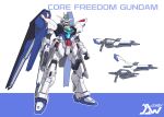  blue_eyes character_name clenched_hand core_gundam_ii freedom_gundam fusion gun gundam gundam_build_divers gundam_build_divers_re:rise gundam_seed highres holding holding_gun holding_weapon langbazi mecha mechanical_wings no_humans science_fiction v-fin weapon wings 