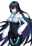  1girl absurdres bangs black_bodysuit bodysuit breasts clenched_hand covered_navel eyebrows_visible_through_hair frown green_eyes gundam gundam_build_divers gundam_build_divers_re:rise hair_between_eyes highres kurosaki_saya long_hair may_(gundam_build_divers_re:rise) medium_breasts open_hand shrug_(clothing) sleeves_past_wrists solo thigh_gap very_long_hair white_background 