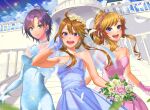  3girls :d ahoge asakura_tooru bangs bare_shoulders blonde_hair blue_dress blue_eyes blue_gloves breasts brown_hair collarbone dress earrings feathers flower gloves green_dress hair_flower hair_ornament hand_in_hair highres idolmaster idolmaster_cinderella_girls idolmaster_shiny_colors jewelry kaiso_(kaisooekaki) looking_at_viewer medium_breasts multiple_girls ohtsuki_yui open_mouth outdoors pink_dress pink_flower pleated_dress purple_hair short_hair smile stairs standing tokoro_megumi upper_teeth yellow_flower 