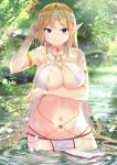  1girl areola_slip areolae arm_under_breasts armlet bangs bare_shoulders bathing belly_chain blonde_hair blue_eyes blurry blurry_background blush bracelet breasts cleavage closed_mouth collarbone commentary_request cowboy_shot day earrings elf eyebrows_visible_through_hair forest groin hair_between_eyes hand_up highres jewelry kuroame_(kurinohana) large_breasts light_rays long_hair looking_at_viewer nature navel necklace o-ring o-ring_top original outdoors partially_submerged pelvic_curtain pointy_ears river see-through sidelocks solo sparkle standing stomach sunbeam sunlight thigh_gap tiara wet wet_clothes 