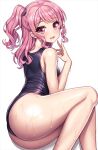  1girl ass bang_dream! bangs bare_arms bare_legs bare_shoulders blush eyebrows_visible_through_hair feet_out_of_frame hand_up lambda_(kusowarota) long_hair looking_at_viewer looking_back lying maruyama_aya on_side one-piece_swimsuit one_side_up open_mouth pink_eyes pink_hair purple_swimsuit school_swimsuit shadow shiny shiny_hair shiny_skin sidelocks simple_background smile solo swimsuit water_drop wet white_background 