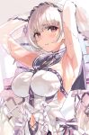 1girl absurdres armpits arms_up ascot azur_lane bangs bare_shoulders blush breasts choker closed_mouth clothing_cutout detached_sleeves dress eyebrows_visible_through_hair flower formidable_(azur_lane) formidable_(timeless_classics)_(azur_lane) frilled_dress frills grey_hair hair_between_eyes hair_ornament hair_ribbon highres large_breasts long_hair looking_to_the_side navel navel_cutout neckwear_between_breasts official_alternate_costume purple_eyes ribbon ribbon_choker sailor_collar sideways_glance simple_background solo temir twintails two-tone_ribbon veil very_long_hair 