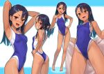  1girl :d armpits arms_behind_head arms_up ass back bangs barefoot black_hair blue_background blue_swimsuit blush breasts brown_eyes cameltoe competition_swimsuit dark_skin fang fangs grin hair_ornament hairclip highleg highleg_swimsuit highres ijiranaide_nagatoro-san kawakami_rokkaku long_hair looking_at_viewer multiple_views nagatoro_hayase one-piece_swimsuit one-piece_tan open_mouth skin_fang small_breasts smile swimsuit tan tanline 
