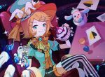  1girl :q absurdres ace_of_spades animal animal_ears aqua_eyes aqua_jacket black_shorts blonde_hair bow bowtie bunny_ears card chair commentary crossed_legs cup gloves highres holding holding_teapot jacket kagamine_rin looking_at_viewer neckerchief orange_neckwear orange_vest playing_card pouring project_sekai scrunchie short_hair shorts single_glove sitting star_(sky) starry_background striped striped_legwear table teacup teapot thighhighs tongue tongue_out vest vocaloid white_gloves wrist_scrunchie xuxu_(02rinrinlove) yellow_neckwear 
