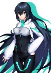  1girl absurdres bangs black_bodysuit bodysuit breasts clenched_hand colored_shadow covered_navel eyebrows_visible_through_hair frown green_eyes gundam gundam_build_divers gundam_build_divers_re:rise hair_between_eyes highres kurosaki_saya long_hair may_(gundam_build_divers_re:rise) medium_breasts open_hand shadow shrug_(clothing) sleeves_past_wrists solo thigh_gap very_long_hair white_background 