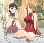  2girls asuna_(sao) barefoot black_hair bob_cut breasts brown_hair commentary_request feet frilled_panties frills green_eyes grey_legwear grey_sweater hair_ornament hairclip half_updo kirigaya_suguha long_hair medium_breasts multiple_girls panties puge red_eyes red_sweater short_hair sitting sleeveless_sweater sweater sword_art_online toeless_legwear toes turtleneck underwear wariza white_panties 