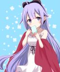  1girl alternate_costume alternate_hairstyle aqua_background azur_lane bangs blunt_bangs bow bowtie casual coat collarbone commentary_request contemporary dress eyebrows_visible_through_hair eyes_visible_through_hair floral_background food hair_down hairband head_tilt highres holding long_hair looking_at_viewer parted_lips popsicle purple_eyes purple_hair red_coat sidelocks simple_background solo spaghetti_strap sukireto unicorn_(azur_lane) white_dress 