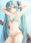  1girl aqua_eyes aqua_hair armpits arms_up bikini breasts collarbone commentary cowboy_shot day hair_ornament hands_in_hair hatsune_miku hayayon headphones highres long_hair looking_at_viewer midriff navel outdoors small_breasts smile solo striped striped_bikini swimsuit tree twintails very_long_hair vocaloid 