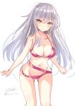 1girl alternate_costume bare_shoulders bikini breasts cleavage closed_mouth gangut_(kancolle) grey_hair hair_between_eyes highres hizaka kantai_collection large_breasts long_hair navel o-ring o-ring_bikini orange_eyes red_bikini scar scar_on_face smile swimsuit thighs white_background 