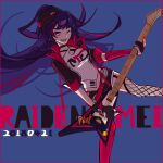  1girl 66732906 black_eyes black_hair black_headwear black_jacket blue_background fishnet_legwear fishnets guitar happy holding holding_instrument honkai_(series) honkai_impact_3rd instrument jacket long_hair looking_at_viewer mismatched_legwear one_eye_closed open_mouth raiden_mei raiden_mei_(shadow_dash) red_legwear solo 