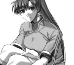  1girl bangs close-up delsaber earrings fire_emblem fire_emblem:_the_blazing_blade frown greyscale jewelry knees_up long_hair looking_at_viewer lyn_(fire_emblem) monochrome ponytail rope_belt 