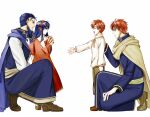  1girl 3boys armor beard blue_hair cape delsaber dress eliwood_(fire_emblem) facial_hair father_and_daughter father_and_son fire_emblem fire_emblem:_the_binding_blade fire_emblem:_the_blazing_blade hand_on_own_chest hector_(fire_emblem) lilina_(fire_emblem) looking_at_another multiple_boys older open_mouth outstretched_hand red_dress red_hair robe roy_(fire_emblem) smile younger 