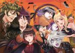  2girls 5boys absurdres ahoge akamatsu_kaede animal_ears artist_name bangs bare_shoulders bat black_cape black_hair blonde_hair blunt_bangs breasts brown_hair bug cape collarbone cosplay danganronpa_(series) danganronpa_v3:_killing_harmony deerstalker detective facial_hair fang fangs flipped_hair food food-themed_hair_ornament frankenstein&#039;s_monster frankenstein&#039;s_monster_(cosplay) fur_trim ghost gloves goatee gokuhara_gonta green_hair grey_hair hair_ornament hair_scrunchie halloween_costume harukawa_maki hat highres holding holding_food holding_pumpkin holding_vegetable jester jester_cap keebo large_breasts large_hands long_hair long_sleeves missarilicious mole mole_under_eye momota_kaito monokuma mouth_pull multiple_boys multiple_girls necktie open_mouth orange_background ouma_kokichi pumpkin pumpkin_hair_ornament purple_gloves purple_hair red_eyes red_ribbon red_scrunchie ribbon saihara_shuuichi screw scrunchie smile spider tongue tongue_out vampire_costume vegetable wolf_ears 